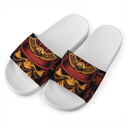 Japanese Samurai Warrior Mask Print White Slide Sandals
