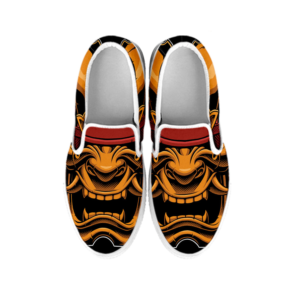 Japanese Samurai Warrior Mask Print White Slip On Shoes