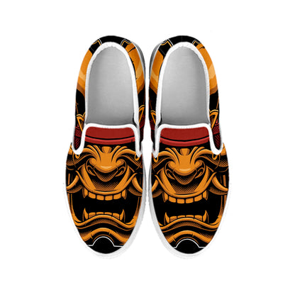 Japanese Samurai Warrior Mask Print White Slip On Shoes