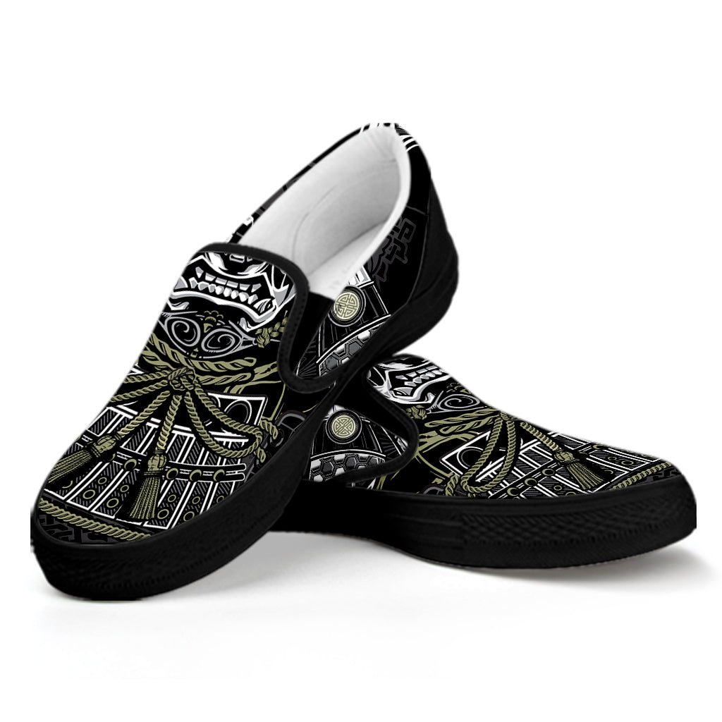 Japanese Samurai Warrior Print Black Slip On Shoes