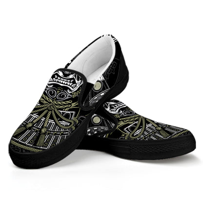 Japanese Samurai Warrior Print Black Slip On Shoes