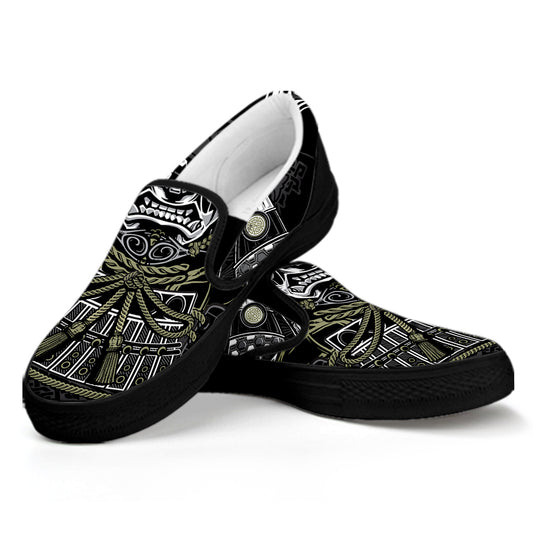 Japanese Samurai Warrior Print Black Slip On Shoes
