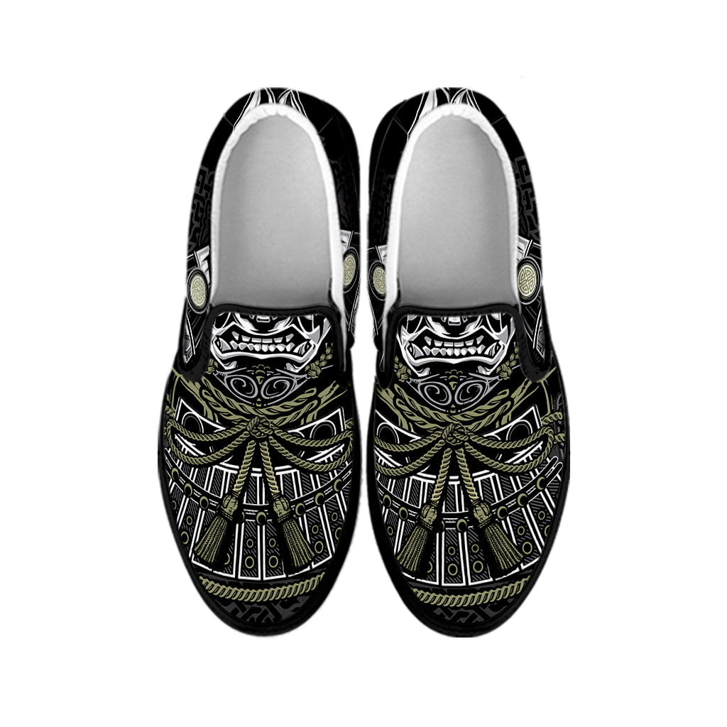 Japanese Samurai Warrior Print Black Slip On Shoes