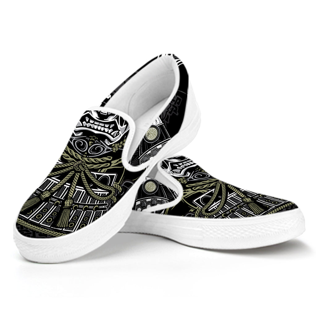 Japanese Samurai Warrior Print White Slip On Shoes