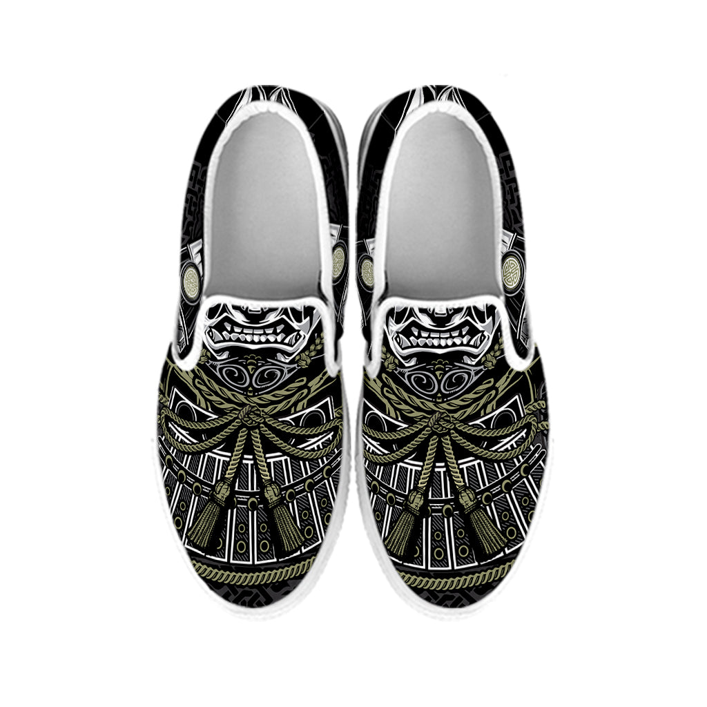 Japanese Samurai Warrior Print White Slip On Shoes