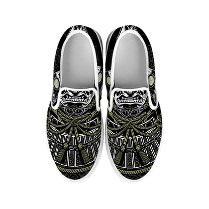 Japanese Samurai Warrior Print White Slip On Shoes