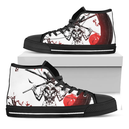 Japanese Samurai Woman Print Black High Top Shoes