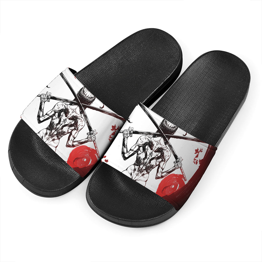 Japanese Samurai Woman Print Black Slide Sandals