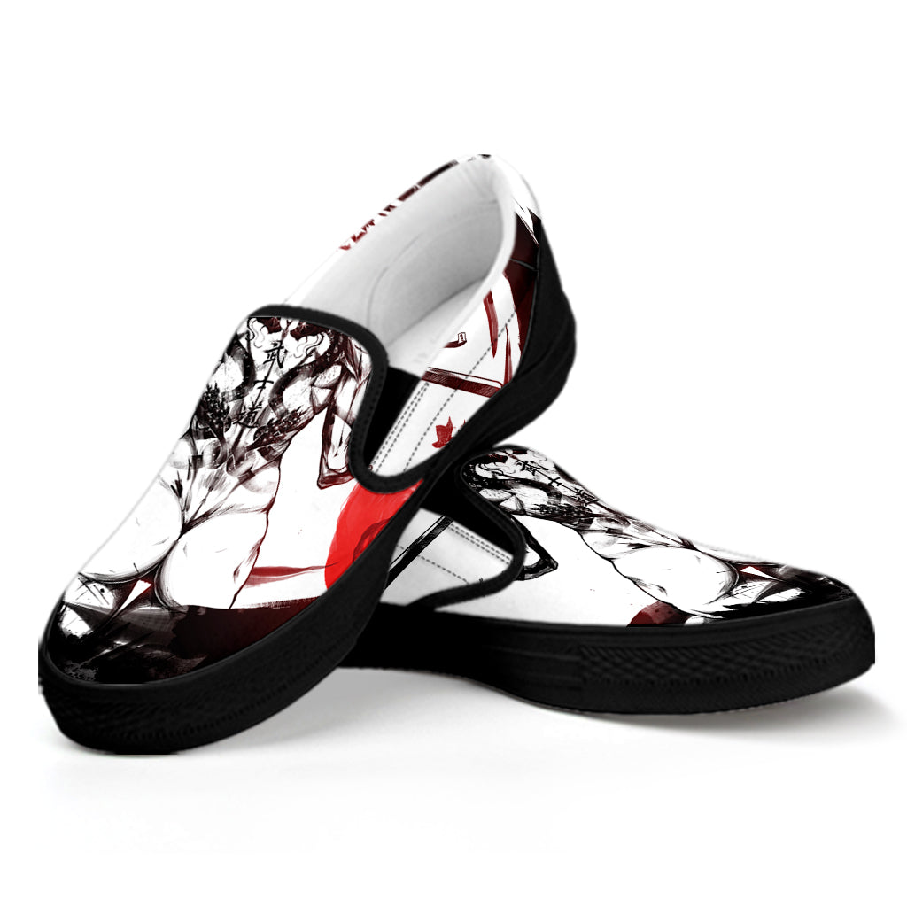 Japanese Samurai Woman Print Black Slip On Shoes