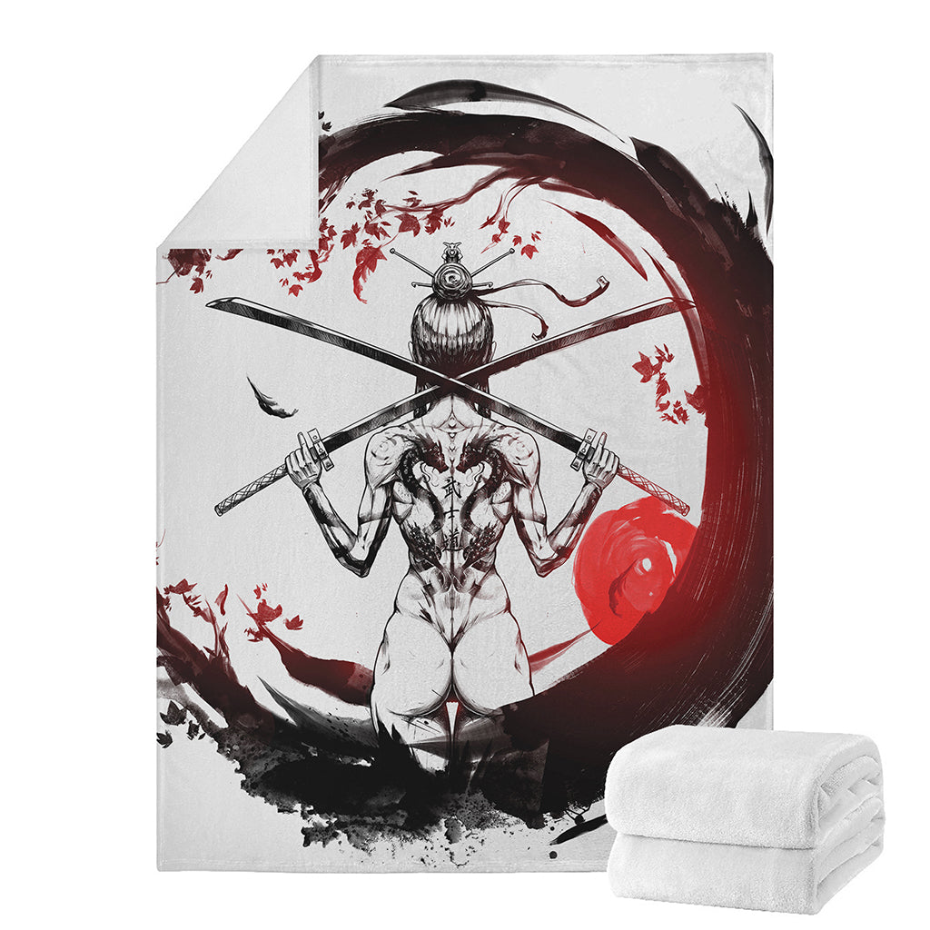 Japanese Samurai Woman Print Blanket