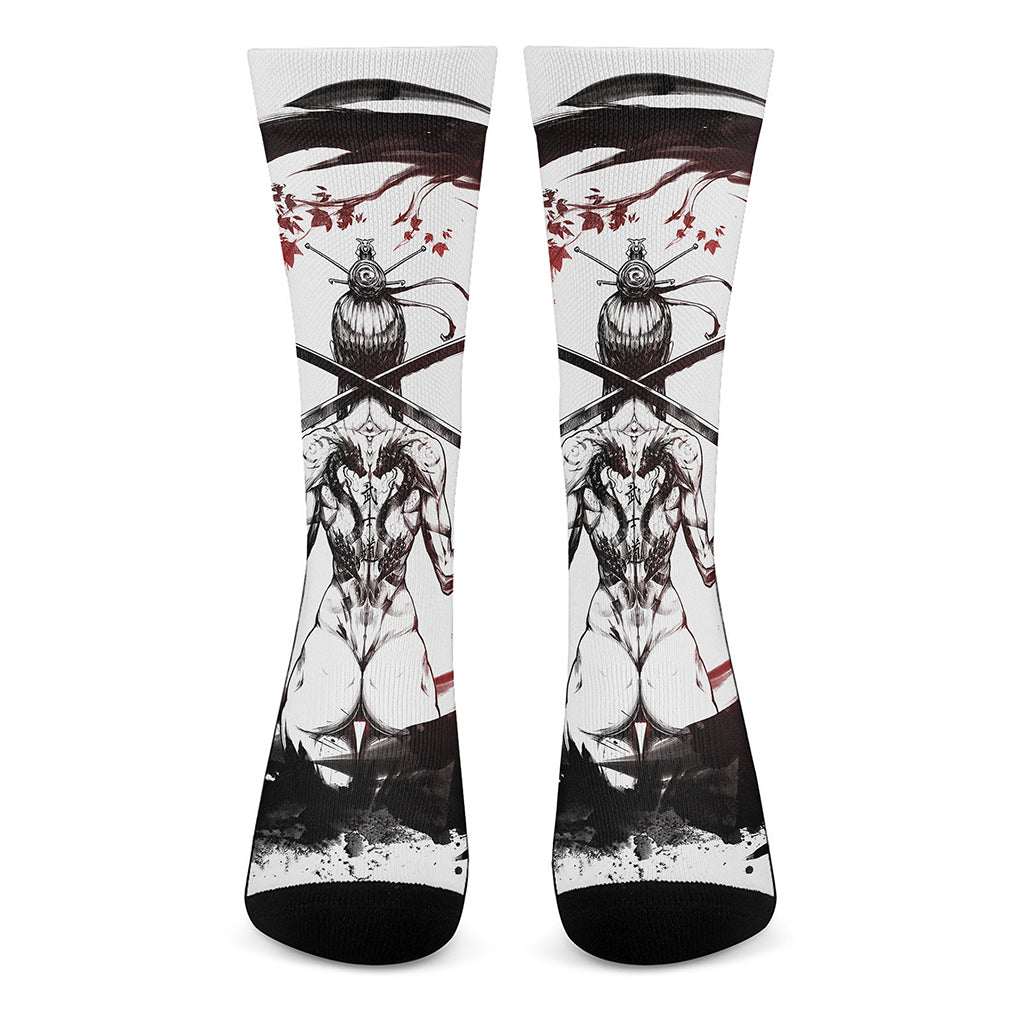 Japanese Samurai Woman Print Crew Socks