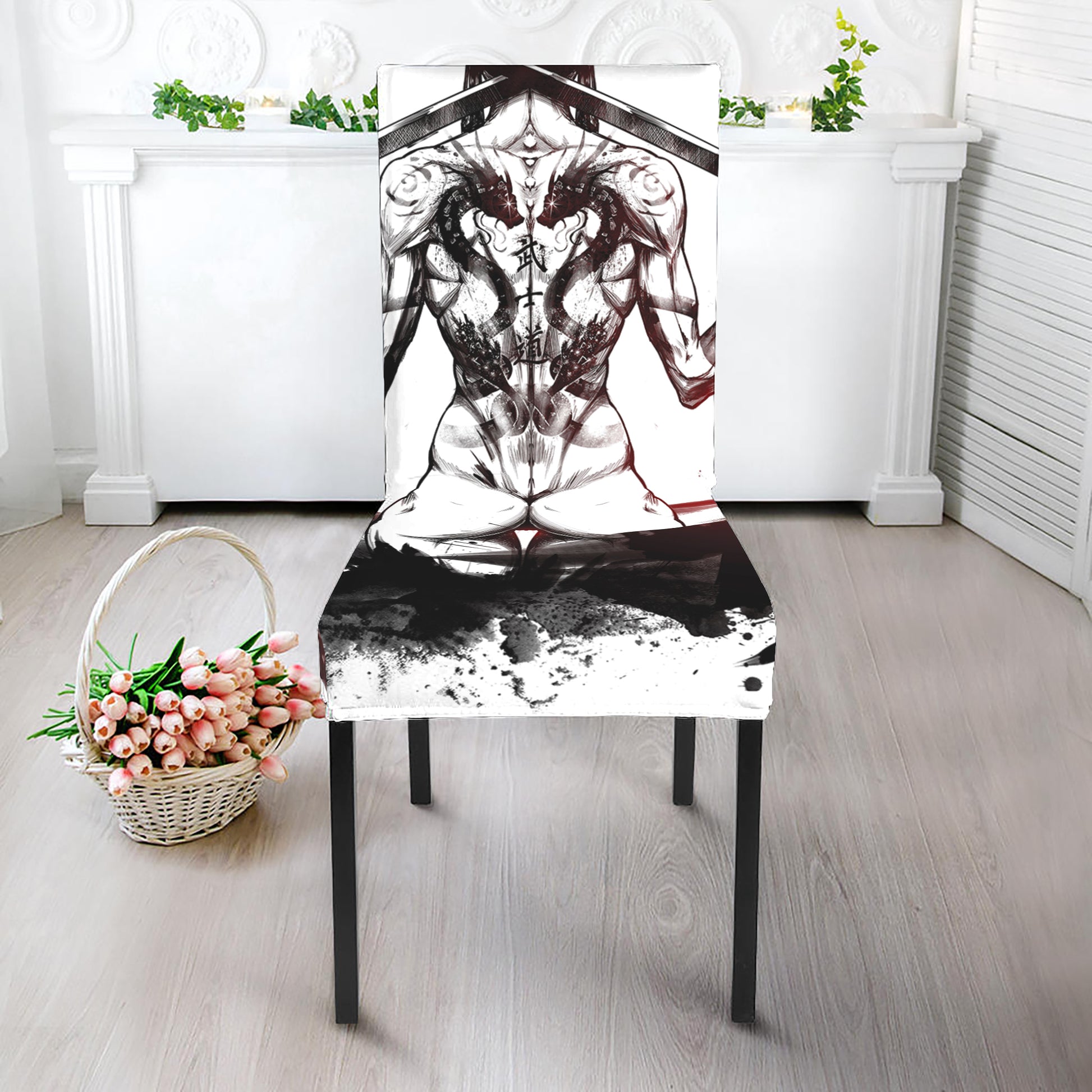 Japanese Samurai Woman Print Dining Chair Slipcover