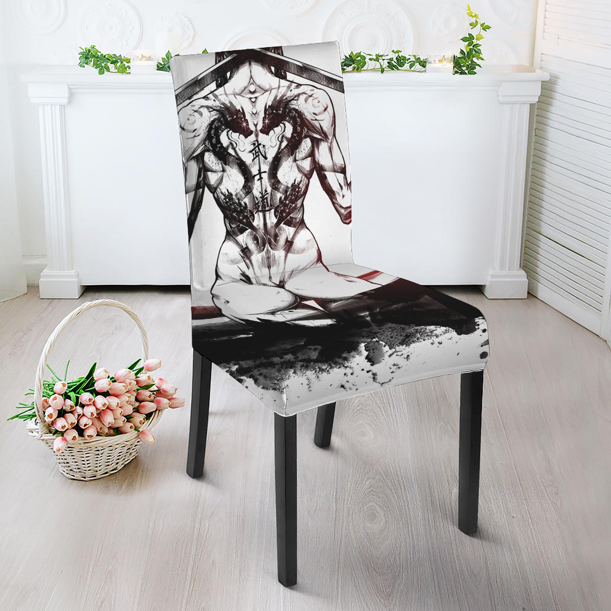 Japanese Samurai Woman Print Dining Chair Slipcover