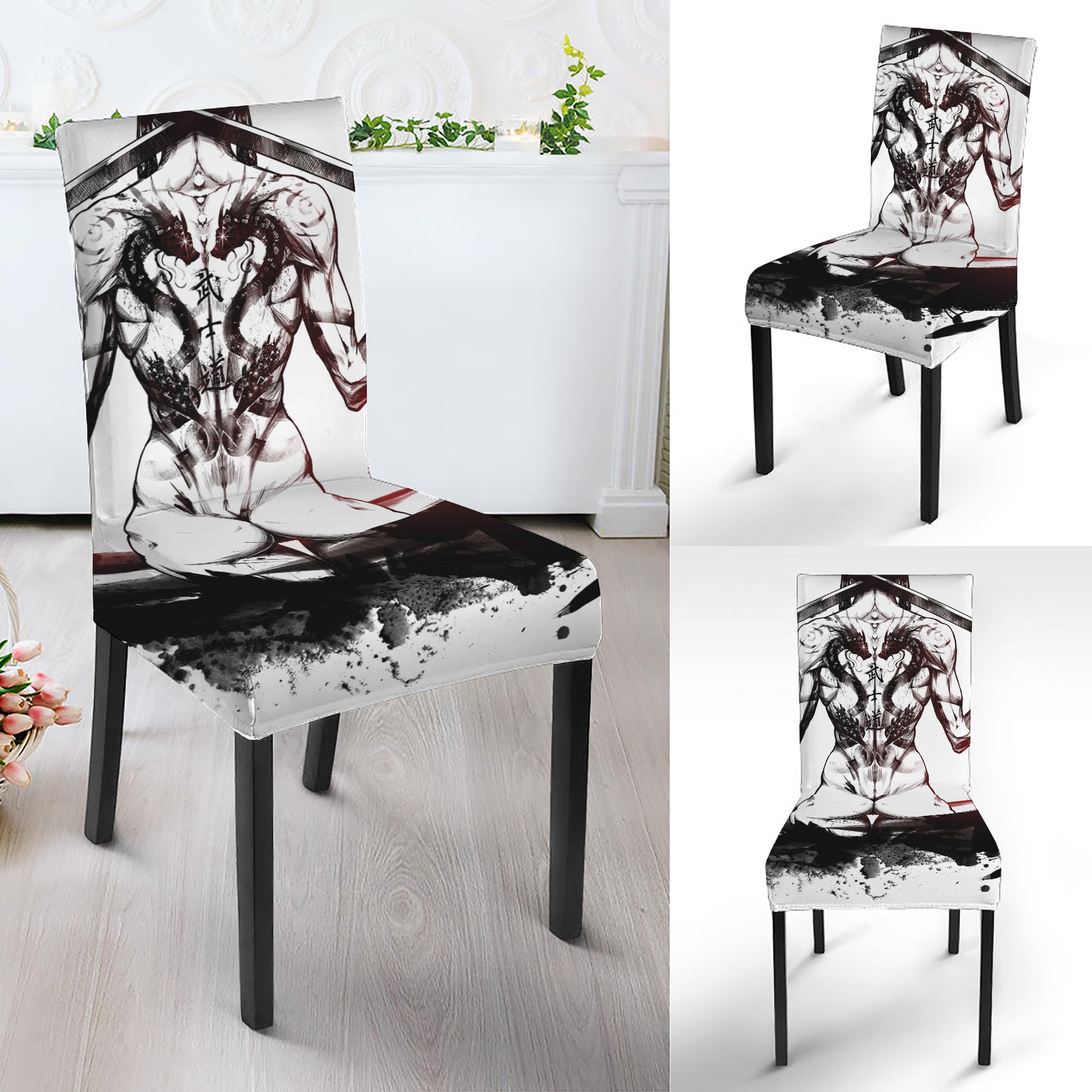 Japanese Samurai Woman Print Dining Chair Slipcover