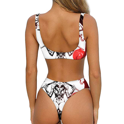 Japanese Samurai Woman Print Front Bow Tie Bikini