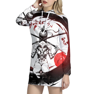 Japanese Samurai Woman Print Pullover Hoodie Dress