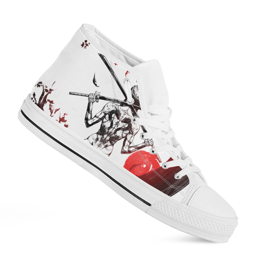Japanese Samurai Woman Print White High Top Shoes