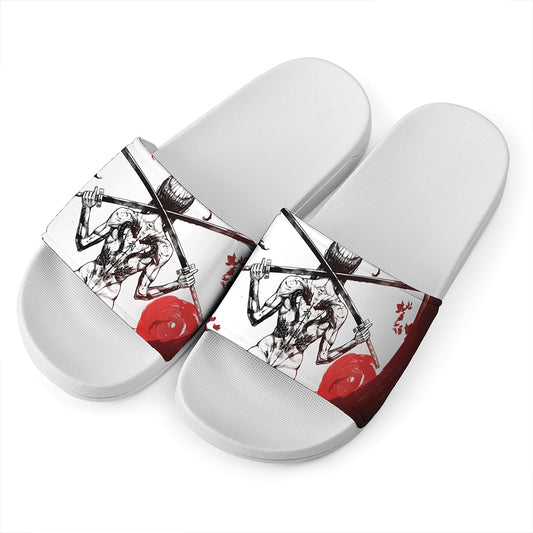 Japanese Samurai Woman Print White Slide Sandals