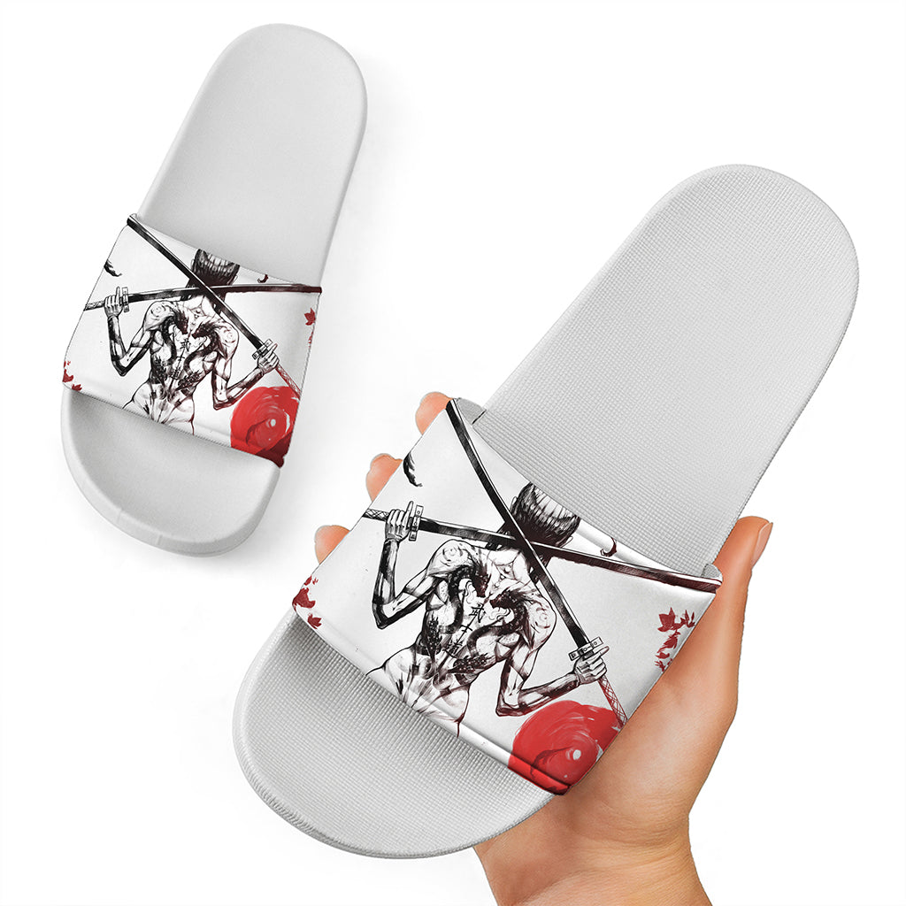 Japanese Samurai Woman Print White Slide Sandals