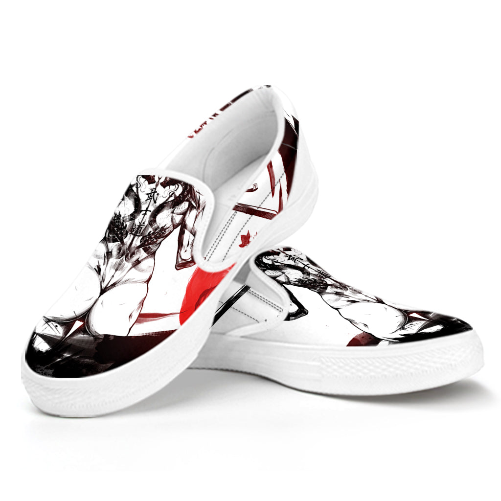 Japanese Samurai Woman Print White Slip On Shoes