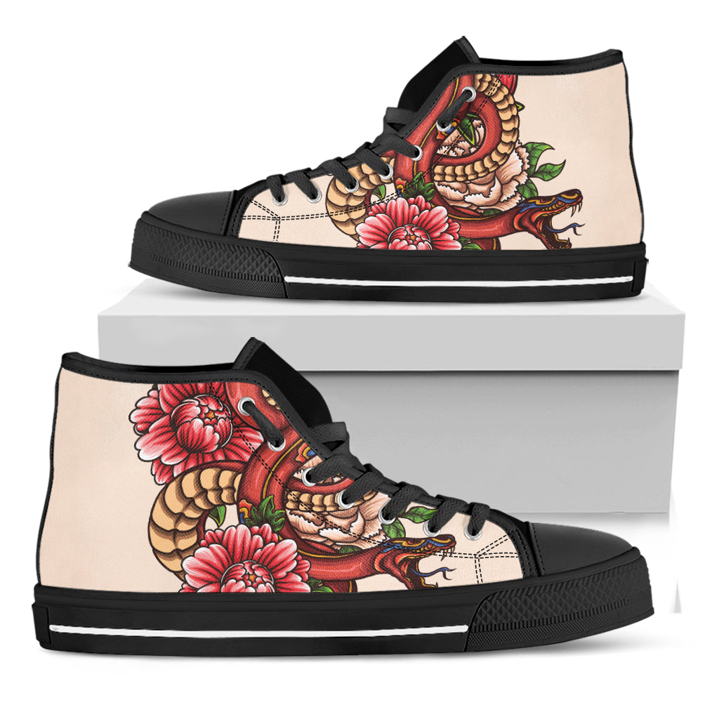 Japanese Snake Tattoo Print Black High Top Shoes