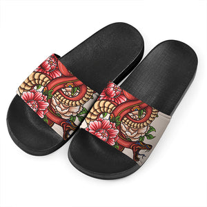 Japanese Snake Tattoo Print Black Slide Sandals