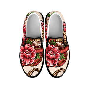 Japanese Snake Tattoo Print Black Slip On Shoes