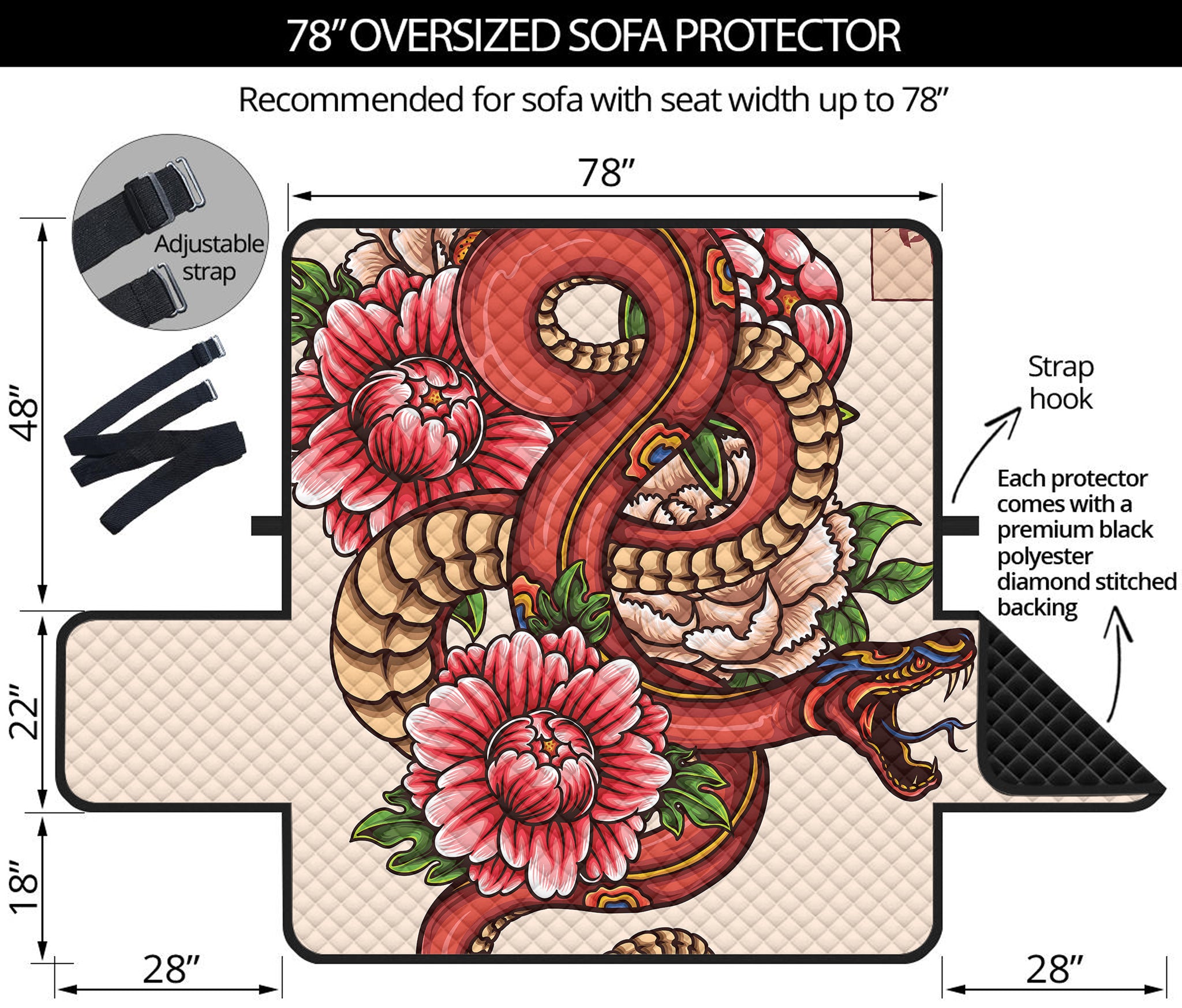 Japanese Snake Tattoo Print Oversized Sofa Protector