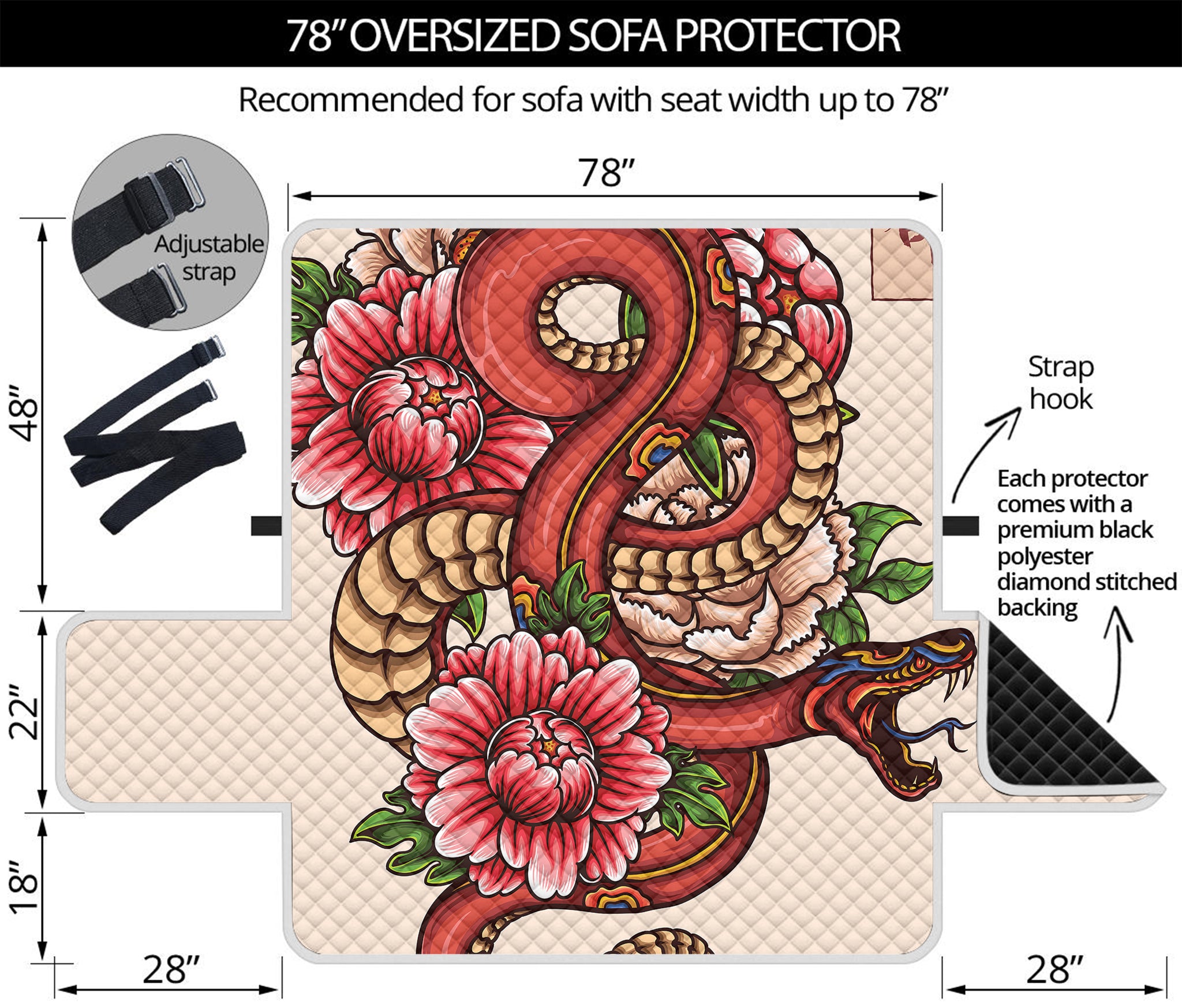 Japanese Snake Tattoo Print Oversized Sofa Protector