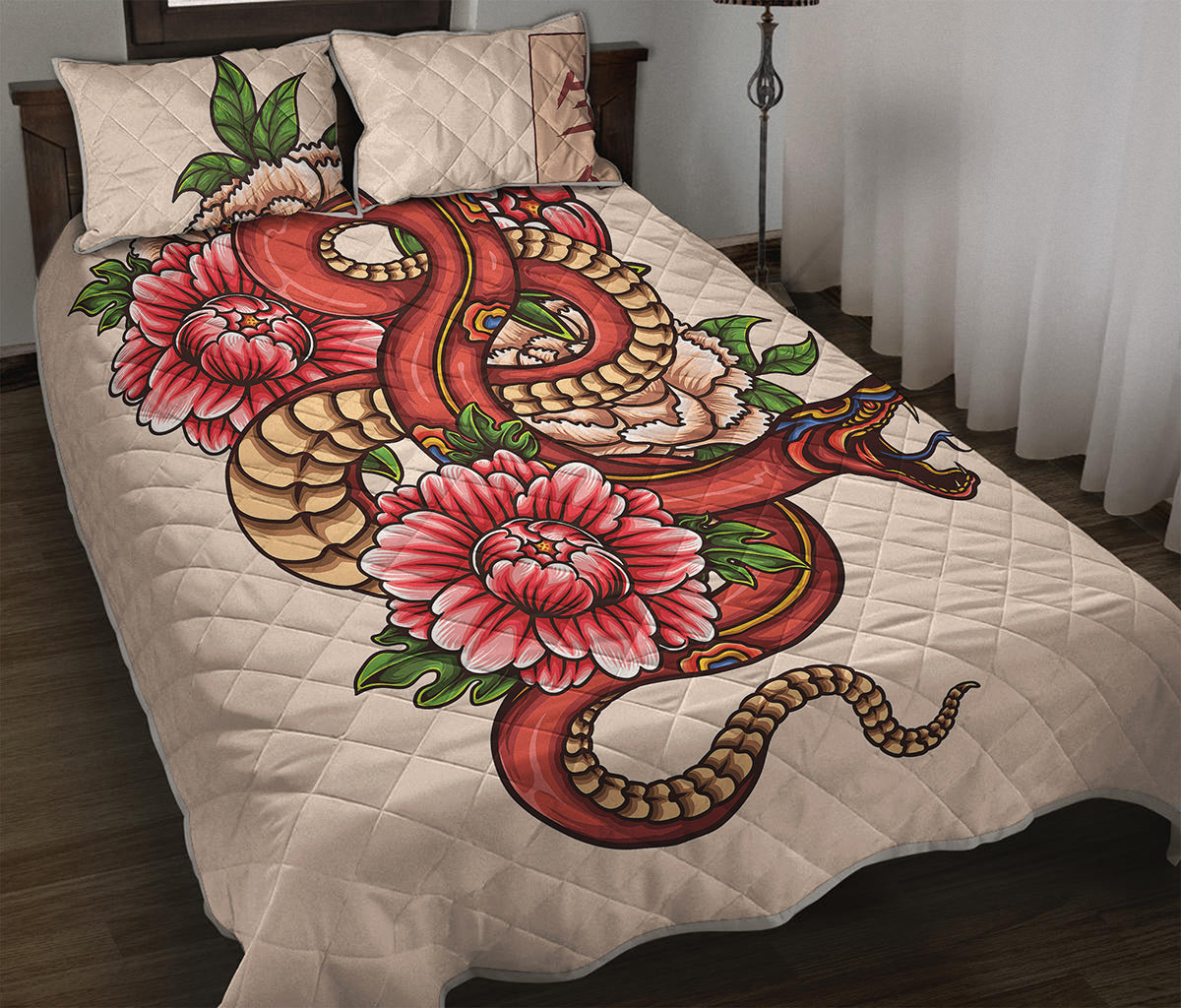 Japanese Snake Tattoo Print Quilt Bed Set