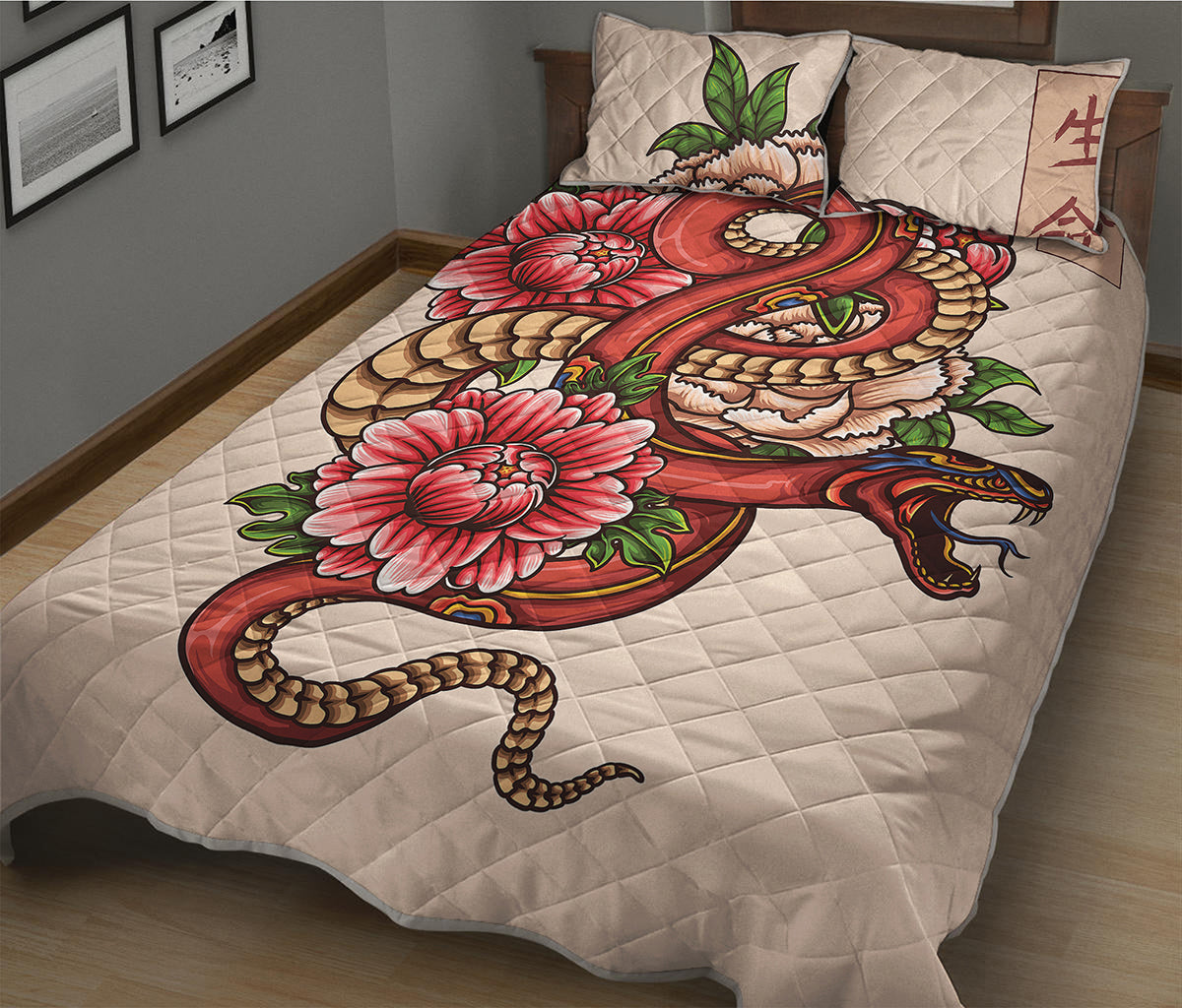 Japanese Snake Tattoo Print Quilt Bed Set