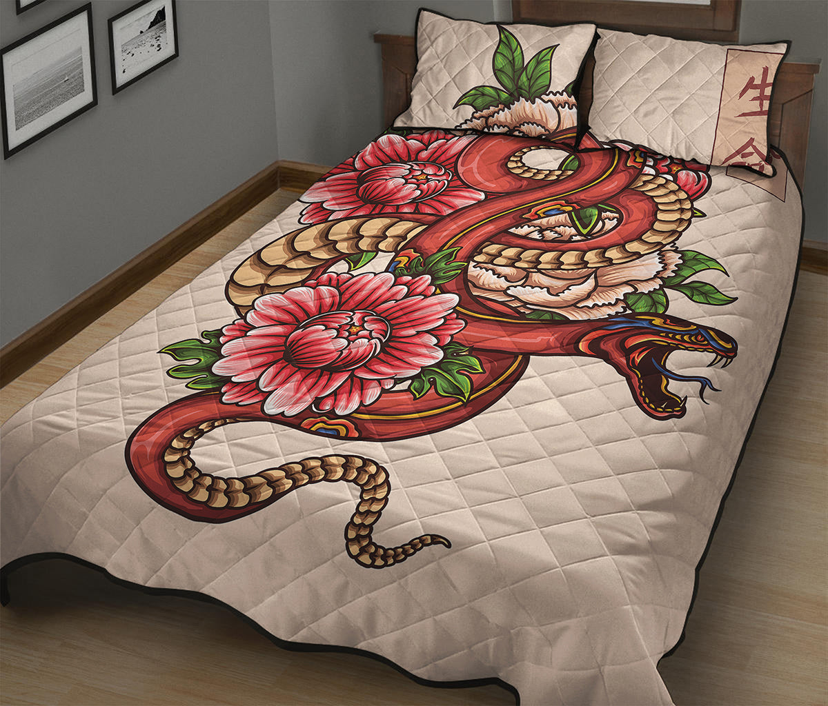 Japanese Snake Tattoo Print Quilt Bed Set