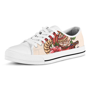 Japanese Snake Tattoo Print White Low Top Shoes