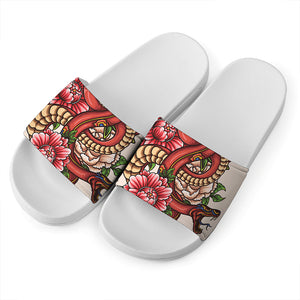 Japanese Snake Tattoo Print White Slide Sandals