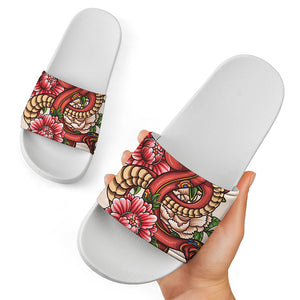 Japanese Snake Tattoo Print White Slide Sandals