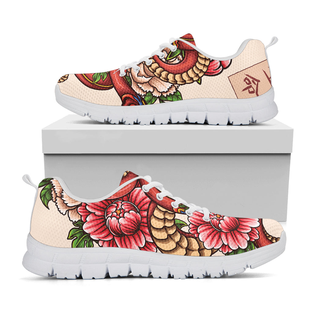 Japanese Snake Tattoo Print White Sneakers