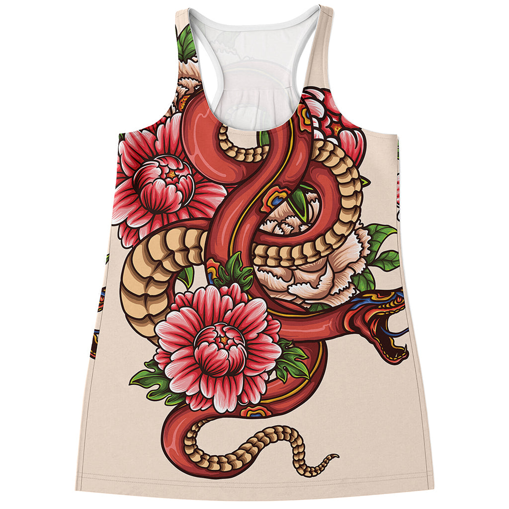 Japanese Snake Tattoo Print Women's Racerback Tank Top