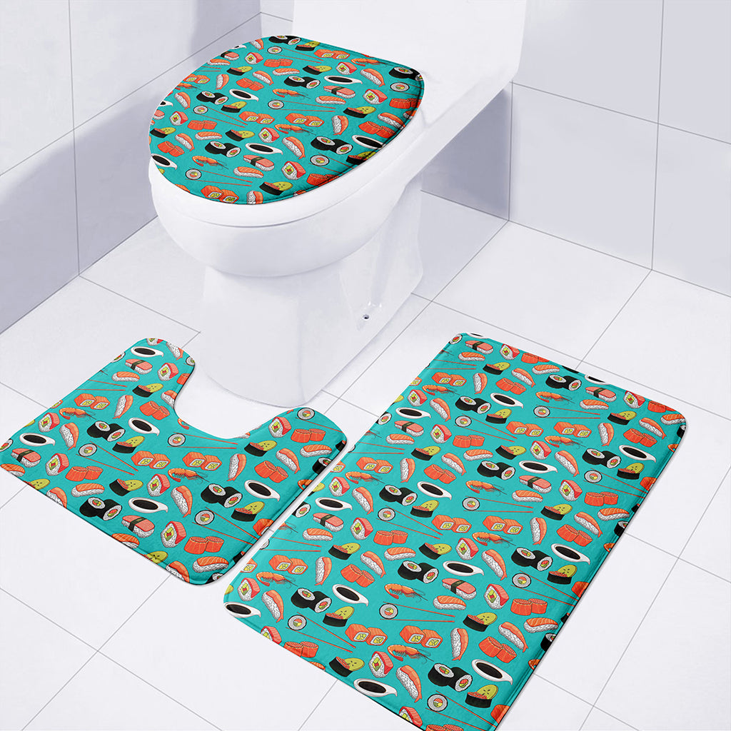 Japanese Sushi And Rolls Pattern Print 3 Piece Bath Mat Set