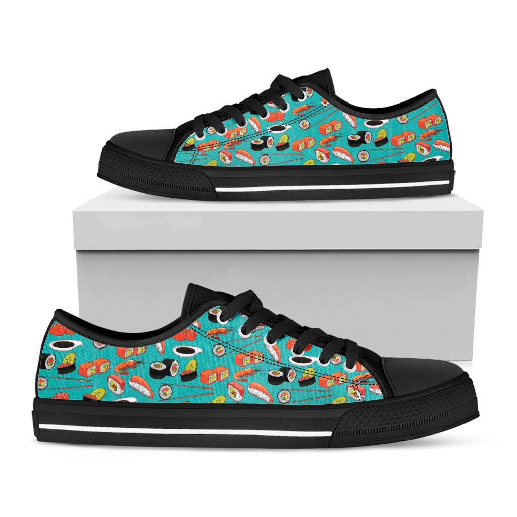 Japanese Sushi And Rolls Pattern Print Black Low Top Shoes