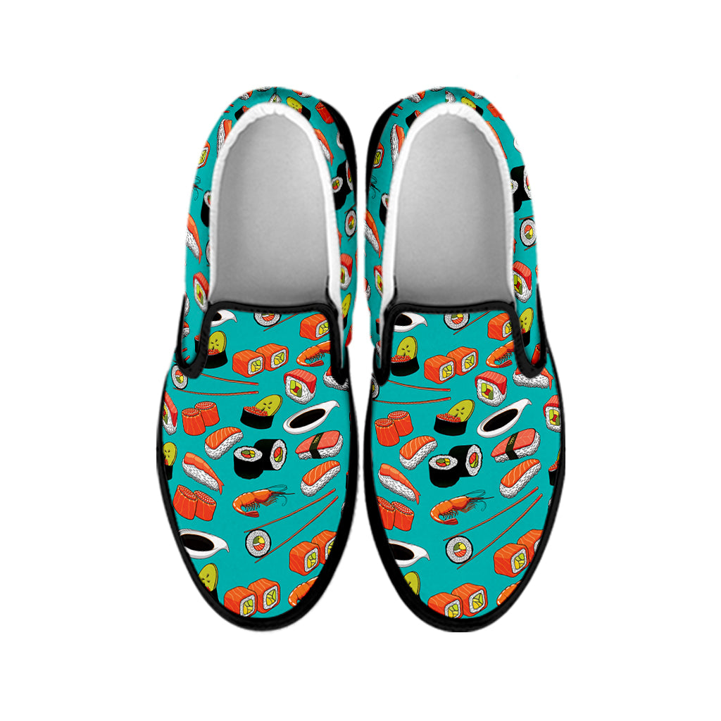 Japanese Sushi And Rolls Pattern Print Black Slip On Shoes