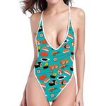 Japanese Sushi And Rolls Pattern Print One Piece High Cut Swimsuit