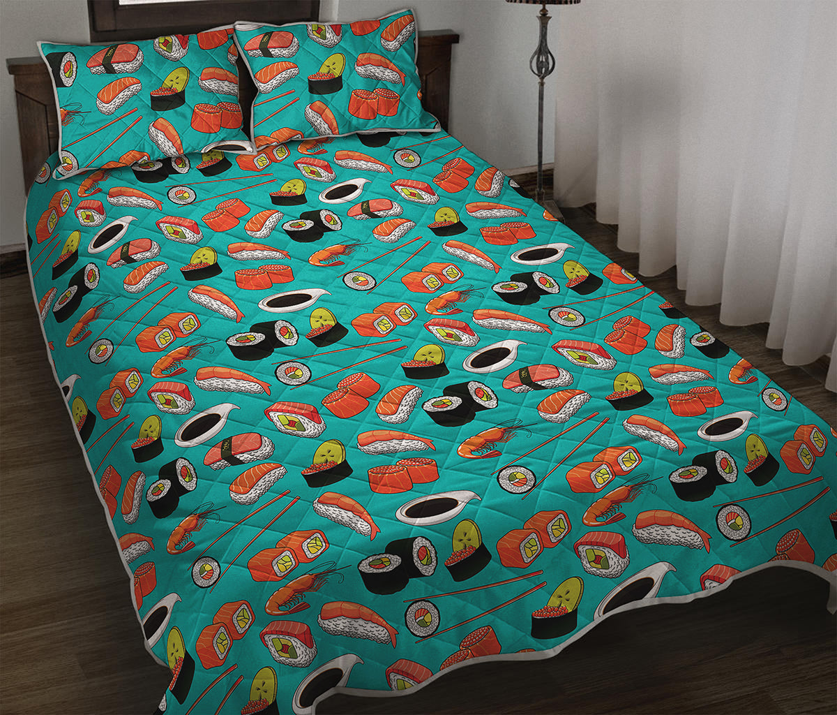 Japanese Sushi And Rolls Pattern Print Quilt Bed Set