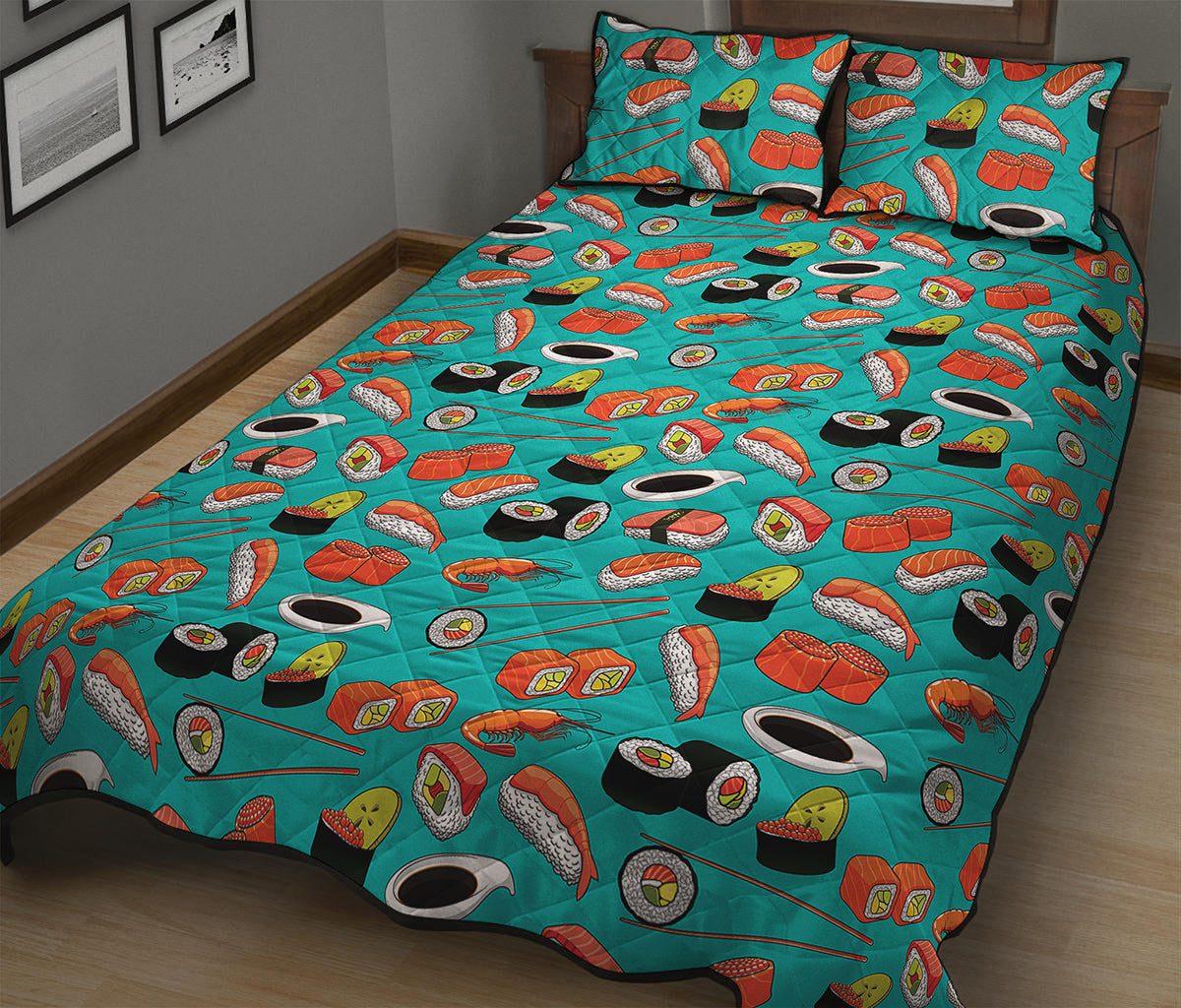 Japanese Sushi And Rolls Pattern Print Quilt Bed Set