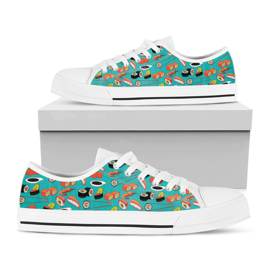 Japanese Sushi And Rolls Pattern Print White Low Top Shoes