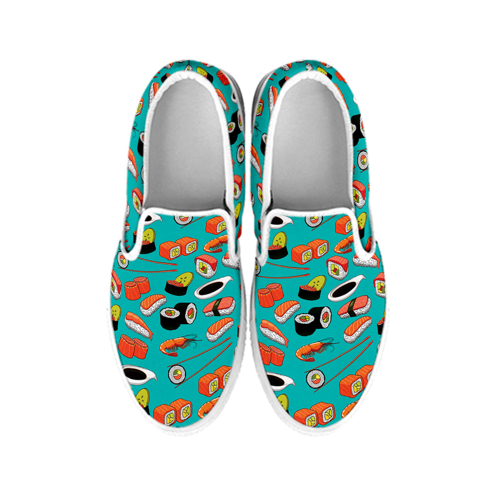 Japanese Sushi And Rolls Pattern Print White Slip On Shoes