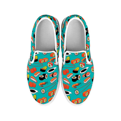 Japanese Sushi And Rolls Pattern Print White Slip On Shoes