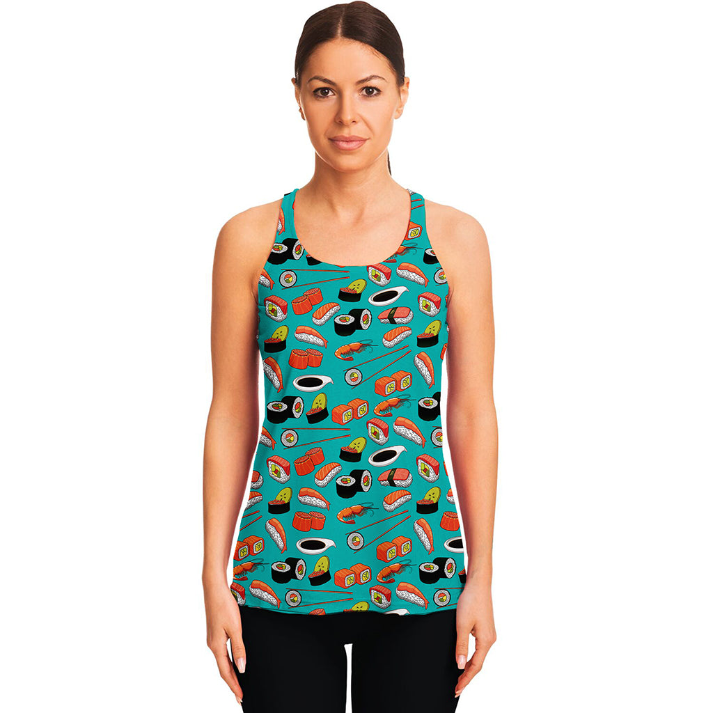 Japanese Sushi And Rolls Pattern Print Women's Racerback Tank Top