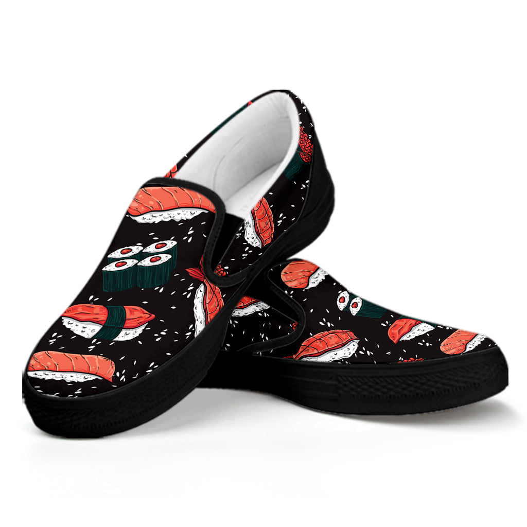 Japanese Sushi Pattern Print Black Slip On Shoes