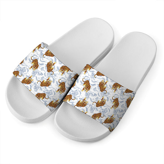 Japanese Tiger Pattern Print White Slide Sandals