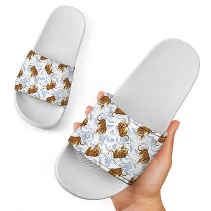 Japanese Tiger Pattern Print White Slide Sandals